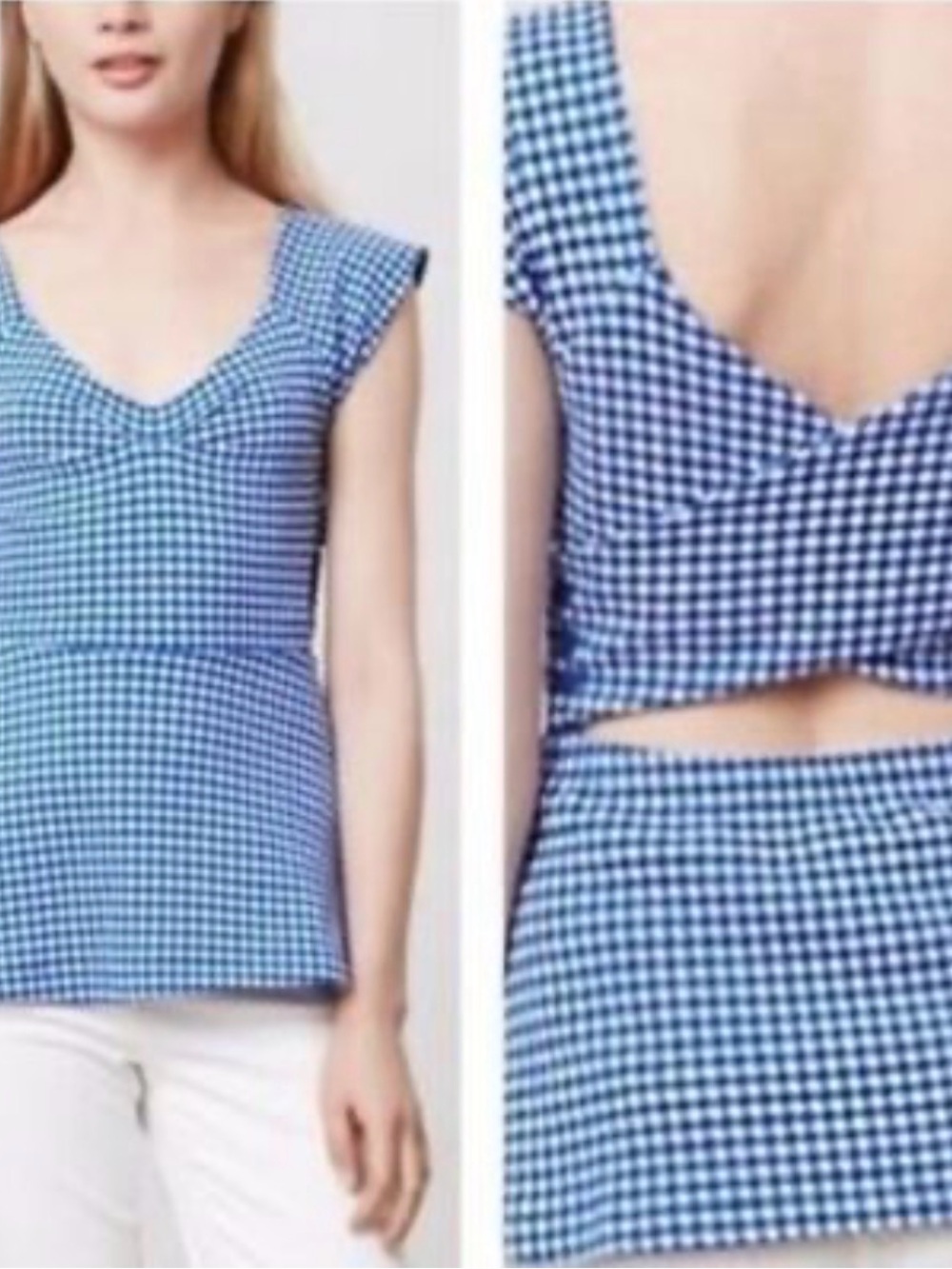 Deletta Blue Gingham V-Neck Cap Sleeve Tank